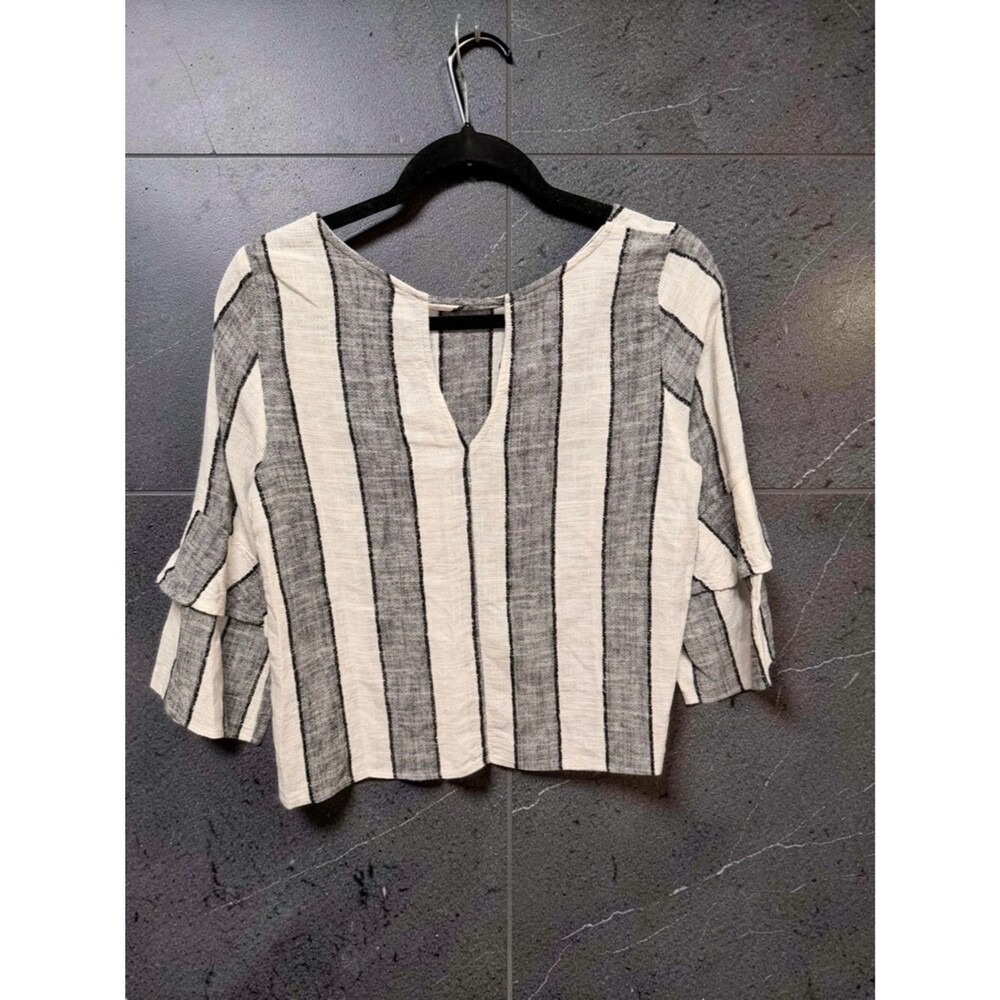Urban Romantics Linen Stripe Ruffle Sleeve Crop Top Cream Black Size M - Picture 2 of 4